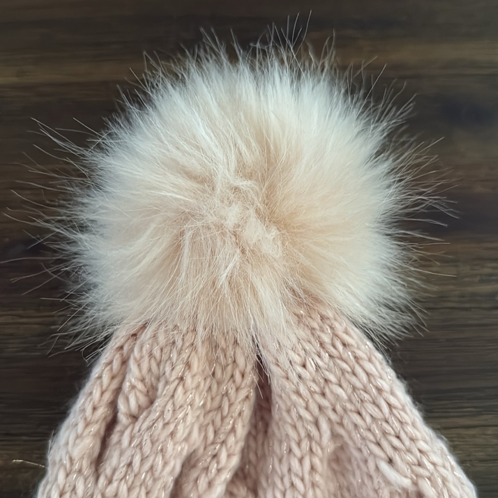 Express Pale Pink Knit Winter Beanie with Pom Pom - Picture 3 of 10